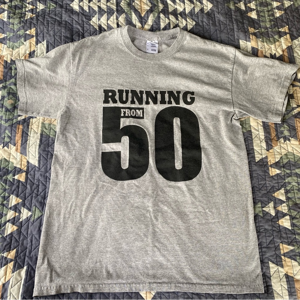Running From 50 Gray Tee Shirt Black Lettering Medium